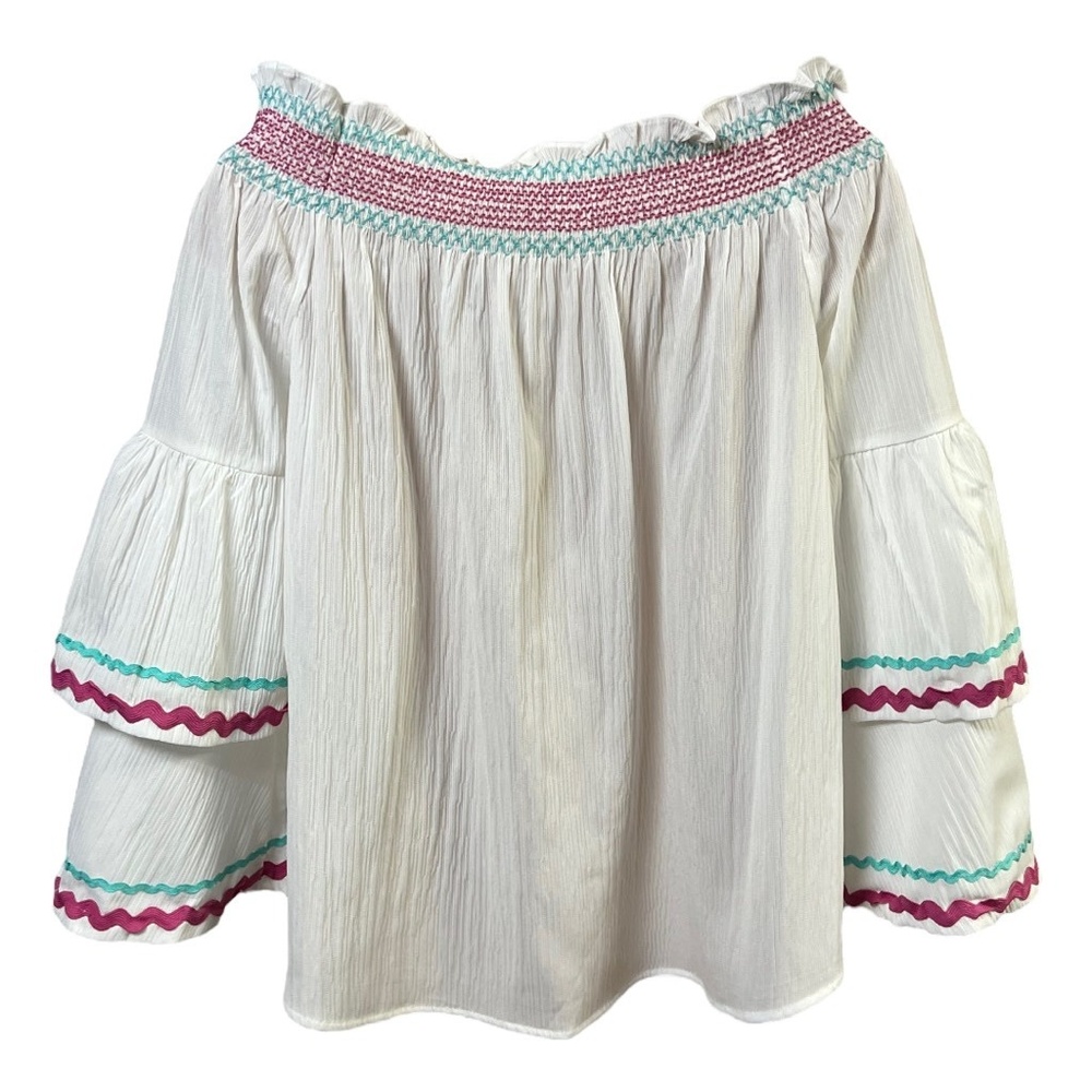 Entro Blouse S White Tiered Sleeve Off Shoulder Smocked Neck Crepe Boho Chic New - Picture 6 of 10